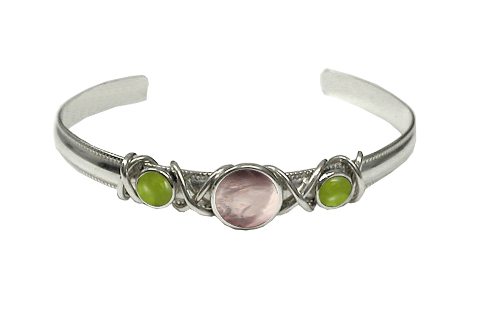 Sterling Silver Hand Made Cuff Bracelet With Rose Quartz And Peridot